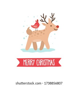 Merry christmas greeting card with cute deer vector illustration. Funny stag on ice with red bird on back cartoon design. Festive holiday and winter concept. Isolated on white