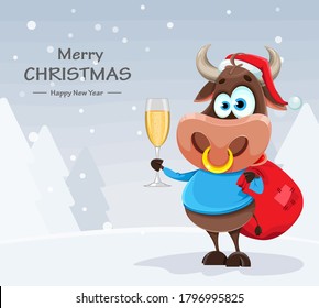 Merry Christmas greeting card. Cute bull, the symbol of Chinese New Year 2021. Buffalo cartoon character holding a glass of champagne and bag with presents. Vector illustration