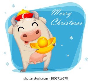 Merry Christmas greeting card with cute cow cartoon character. Chinese New Year of Bull 2021. Vector illustration on blue background