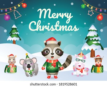 Merry christmas greeting card with cute animals character : raccoon, unicorn, koala, rhino and buffalo