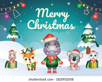 Merry christmas greeting card with cute animals character : hippo, koala, panda, deer, and rhino