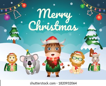 Merry christmas greeting card with cute animals character : buffalo, lion, rhino, and koala