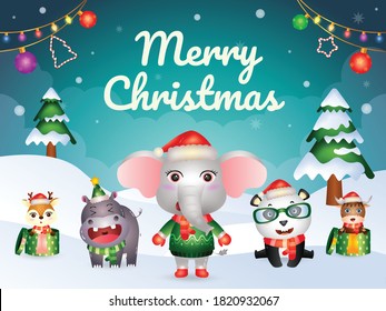 Merry christmas greeting card with cute animals character : elephant, panda, buffalo, hippo, and deer