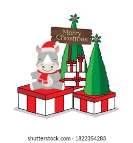 Merry Christmas greeting card with cute Rhino.
