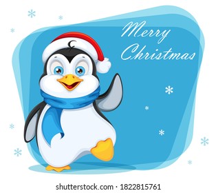 Merry Christmas greeting card with cute penguin. Funny penguin cartoon character. Vector illustration