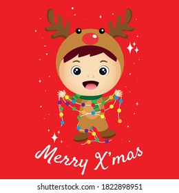 Merry christmas greeting card with cute boy in a pinguin dress