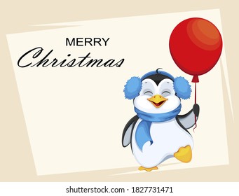 Merry Christmas greeting card with cute penguin holding red balloon. Funny penguin cartoon character. Vector illustration