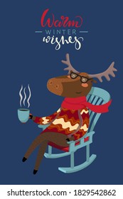 Merry Christmas greeting card with cute moose and coffee. Warm winter wishes. Holiday cartoon character in winter season. Vector. EPS 10.