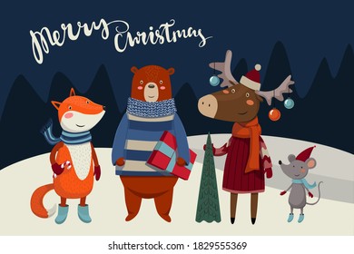 Merry Christmas greeting card with cute fox, bear, voose and mouse. Holiday cartoon character in winter season. Vector. EPS 10.