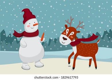 Merry Christmas greeting card with cute snowman and deer. Holiday cartoon character in winter season. Vector. EPS 10.