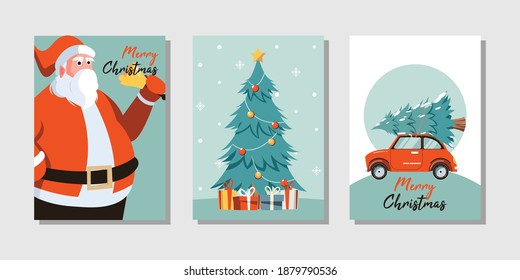 Merry Christmas greeting card with cute christmas tree, santa and car designs