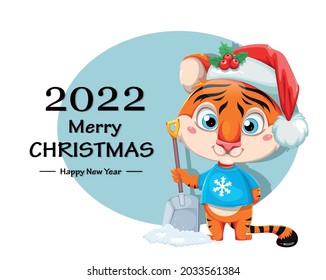 Merry Christmas greeting card. Cute cartoon character tiger in Santa hat holding snow shovel