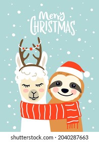 Merry Christmas greeting card with  cute llama, and sloth character illustrations with accessories like Santa hat, scarf, reindeer antlers, Christmas lights on a turquoise background with snowflakes