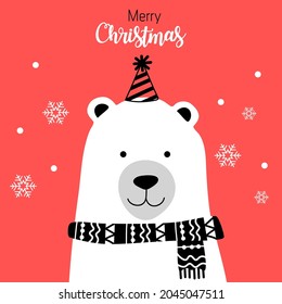Merry Christmas greeting card with cute polar bear hand drawn illustration. Happy New Year card.