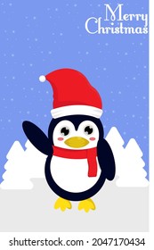 Merry Christmas greeting card with cute penguin