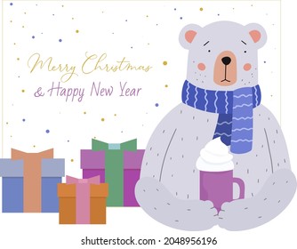 Merry Christmas greeting card. Cute teddy bear in blue crocheted scarf, mug of hot coffee. Nearby presents in decorated boxes. Holiday vector illustration.