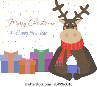 Merry Christmas greeting card. Cute reindeer in a red crocheted scarf, mug of hot coffee. Nearby presents in decorated boxes. Holiday vector illustration.