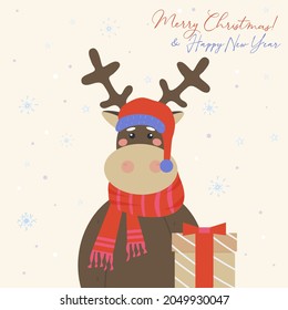 Merry Christmas greeting card. Cute reindeer in a red crocheted scarf and Santa Claus hat brought a gift. Holiday vector illustration.