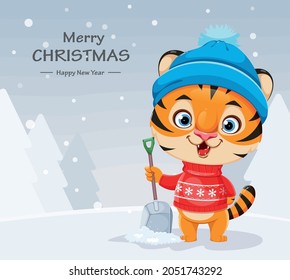 Merry Christmas greeting card. Cute cartoon character tiger in warm hat holding snow shovel