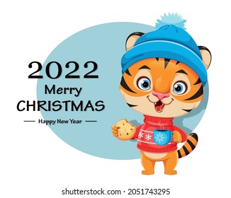 Merry Christmas greeting card. Cute cartoon character tiger in warm hat having a cup of tea