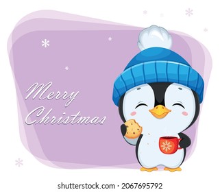 Merry Christmas greeting card with cute little penguin cartoon character. Funny penguin in blue hat holding a cup of cocoa and cookie