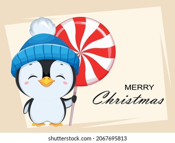 Merry Christmas greeting card with cute little penguin cartoon character. Funny penguin in blue hat holding big candy
