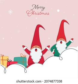 Merry Christmas Greeting Card With Cute Gnomes, Gift Boxes On Pink And White Background.