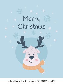 Merry Christmas greeting card. Cute reindeer character with scarf. Christmas animals, winter time. Vector illustration