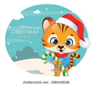 Merry Christmas greeting card. Cute tiger cub in Santa hat holding big candy cane