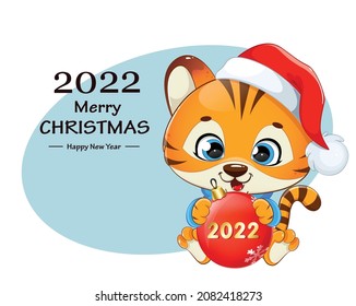 Merry Christmas greeting card. Cute tiger cub in Santa hat holding Christmas tree ball