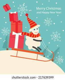Merry Christmas Greeting card with cute sheep and  sleigh with bunch of gifts, vector illustration