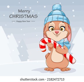 Merry Christmas greeting card. Cute cartoon character rabbit in warm hat holding big candy cane.