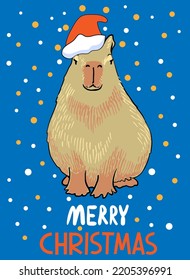 Merry Christmas greeting card. Cute cartoon character capybara .