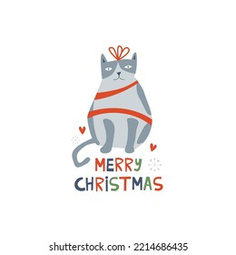 Merry Christmas greeting card with cute cat gifts. Happy holidays cartoon character vector.