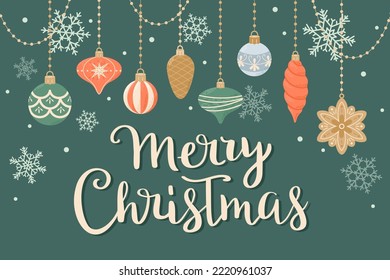 Merry Christmas, greeting card with cute hanging decorations and hand drawn lettering. Vector illustration in flat cartoon style