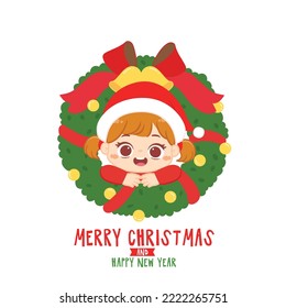 Merry christmas greeting card with cute kids wear santa hat on christmas wreath