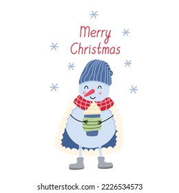 Merry Christmas greeting card with cute snowman with mug of hot drink garnished with whipped cream. Flat vector illustration.  Winter design. 