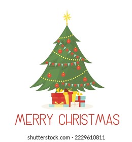 Merry Christmas greeting card. Cute christmas tree decorated with toys and garlands. Gift boxes under the tree. Flat cartoon style vector illustration