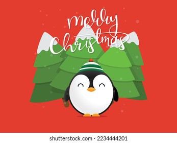 Merry Christmas greeting card with cute penguin in the woods. Vector illustration.