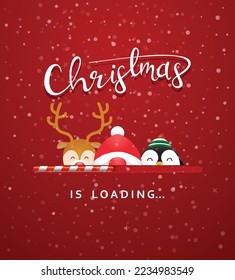 Merry Christmas greeting card with cute penguin, reindeer and Santa waiting for a load bar to complete Vector illustration.