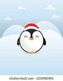 Merry Christmas greeting card with cute penguin. Christmas morning. Vector illustration.