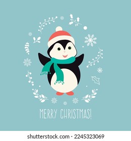 Merry Christmas greeting card with cute Xmas characters.