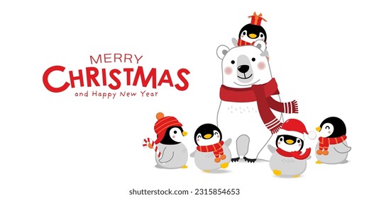 Merry Christmas greeting card with cute polar bear and baby penguins. Arctic animal in winter costume cartoon character. -Vector