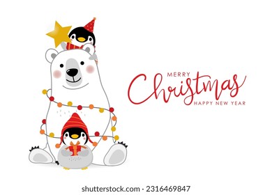 Merry Christmas greeting card with cute polar bear and baby penguins. Arctic animal in winter costume cartoon character. -Vector