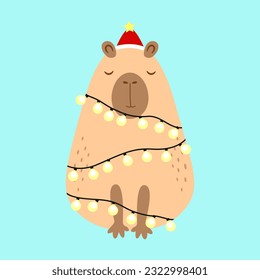 Merry Christmas greeting card. Cute cartoon capybara with light bulbs 