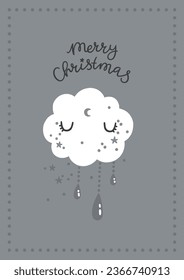 Merry Christmas greeting card with cute white cloud. Gray holiday printable art