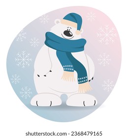 Merry Christmas greeting card, cute cartoon polar bear in a scarf and hat on a background of snowflakes. Print, vector	