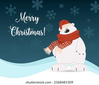 Merry Christmas greeting card, cute cartoon polar bear in a scarf and hat on a background of snowflakes. Print, vector	