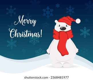 Merry Christmas greeting card, cute cartoon polar bear in a scarf and hat on a background of snowflakes. Print, vector	