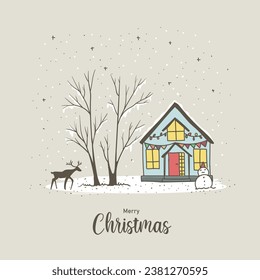 Merry Christmas greeting card with cute house and deer. Vector illustration